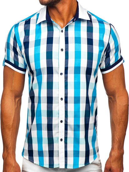 Camicia elegante a scacchi a maniche corte da uomo turchese Bolf 8901