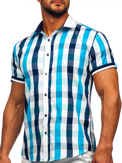 Camicia elegante a scacchi a maniche corte da uomo turchese Bolf 8901