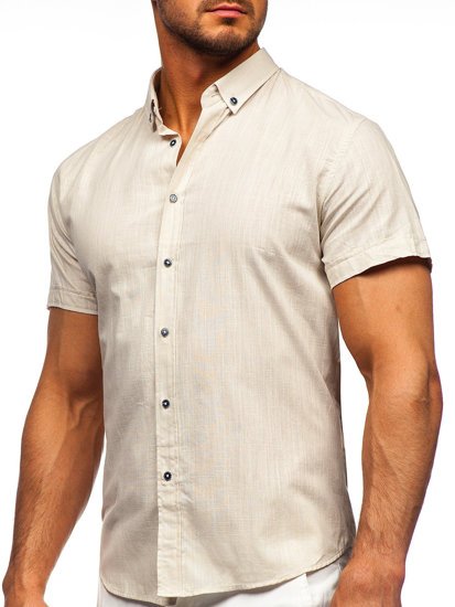 Camicia in cotone con manica corta da uomo écru Bolf 20501