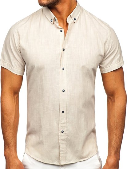 Camicia in cotone con manica corta da uomo écru Bolf 20501