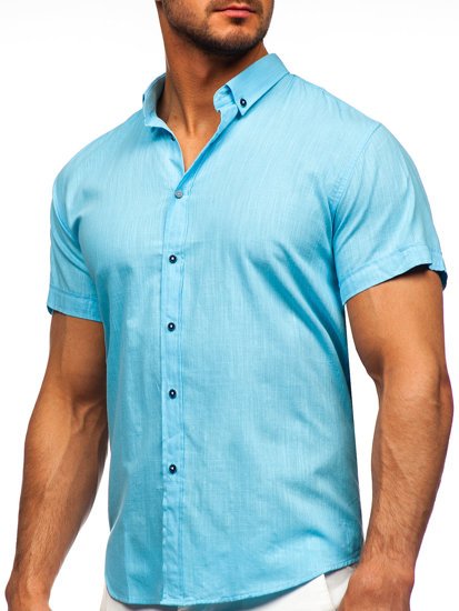 Camicia in cotone con manica corta da uomo turchese Bolf 20501