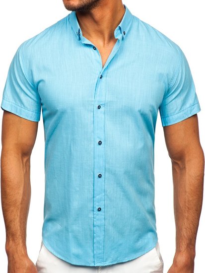 Camicia in cotone con manica corta da uomo turchese Bolf 20501