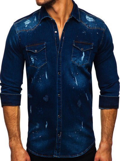 Camicia in denim a manica lunga da uomo blu Bolf R801