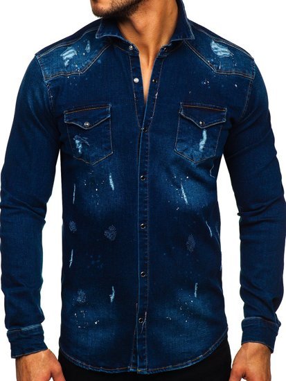 Camicia in denim a manica lunga da uomo blu Bolf R801