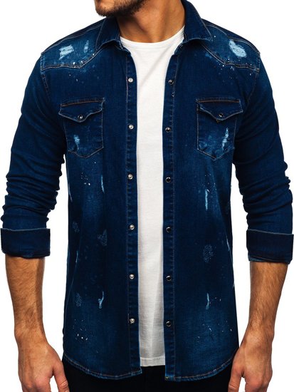 Camicia in denim a manica lunga da uomo blu Bolf R801