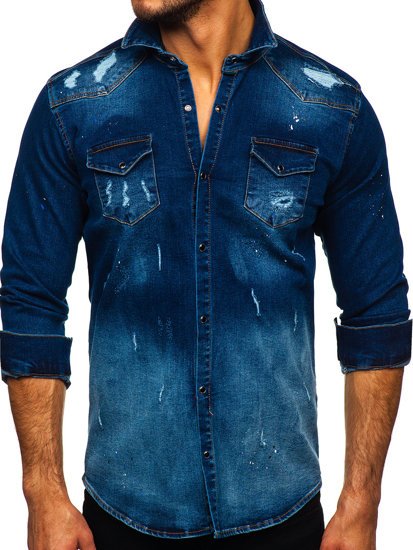 Camicia in denim a manica lunga da uomo blu Bolf R802