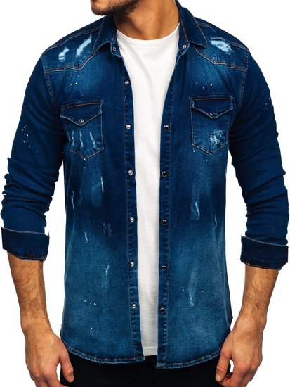 Camicia in denim a manica lunga da uomo blu Bolf R802