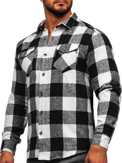 Camicia in flanella a maniche lunghe da uomo bianco-nera Bolf 20723