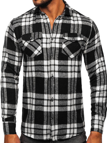 Camicia in flanella a quadri a manica lunga da uomo bianco-nera Bolf 22702