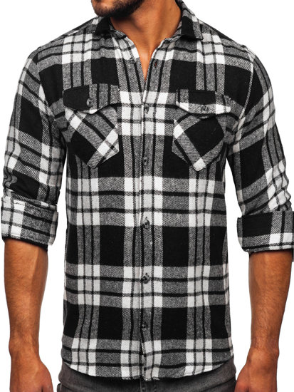 Camicia in flanella a quadri a manica lunga da uomo bianco-nera Bolf 22702