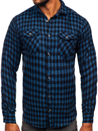 Camicia in flanella a quadri a manica lunga da uomo blu Bolf 22701