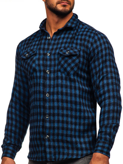 Camicia in flanella a quadri a manica lunga da uomo blu Bolf 22701