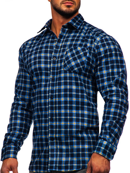 Camicia in flanella a quadri con maniche lunghe da uomo azzurro-gialla Bolf F4