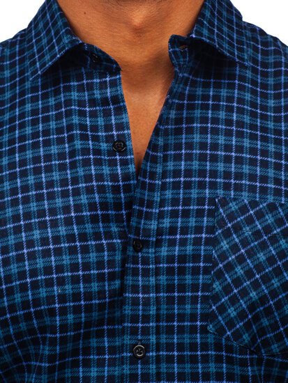 Camicia in flanella a quadri con maniche lunghe da uomo blu Bolf F4