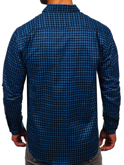 Camicia in flanella a quadri con maniche lunghe da uomo blu Bolf F4