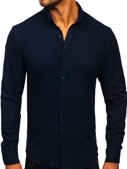 Camicia in lino a maniche lunghe per uomo blu Bolf 506