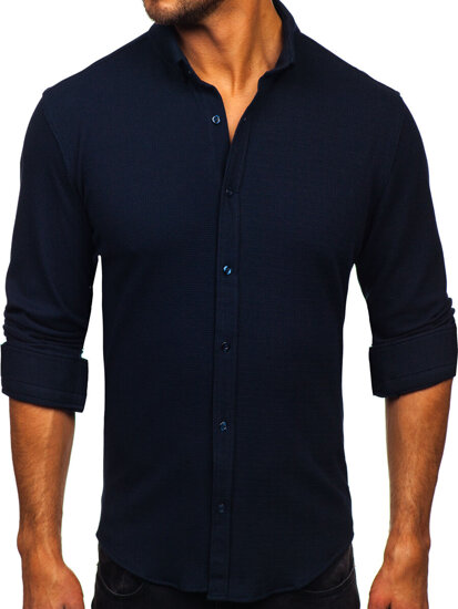 Camicia in lino a maniche lunghe per uomo blu Bolf 506