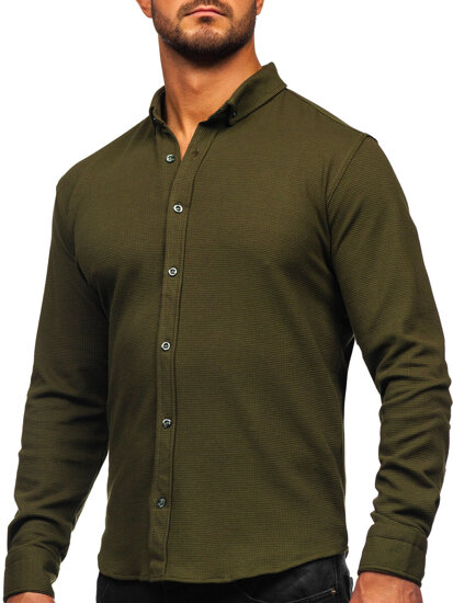 Camicia in lino a maniche lunghe per uomo khaki Bolf 506