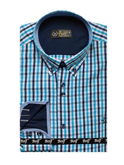 Camicia vichy con scacchi a manica lunga da uomo turchese Bolf 4712