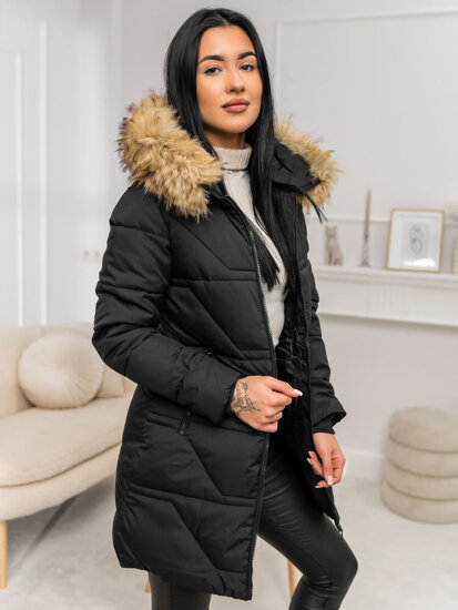 Donna Giacca invernale con cappuccio e pelliccia Nero-Marrone Bolf 16M9099