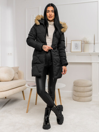 Donna Giacca invernale con cappuccio e pelliccia Nero-Marrone Bolf 16M9099