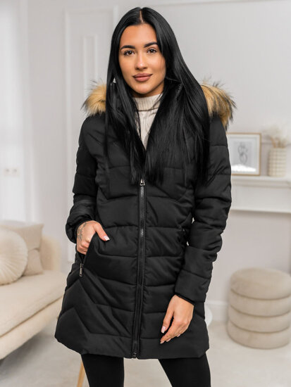 Donna Giacca invernale con cappuccio e pelliccia Nero-Marrone Bolf 16M9121