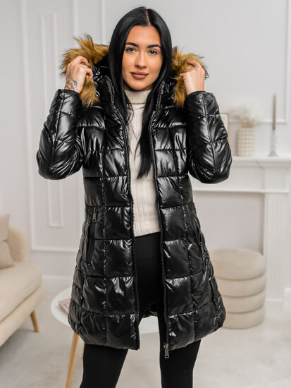 Donna Giacca invernale trapuntata lunga con cappuccio Nero-Marrone Bolf 16M9120