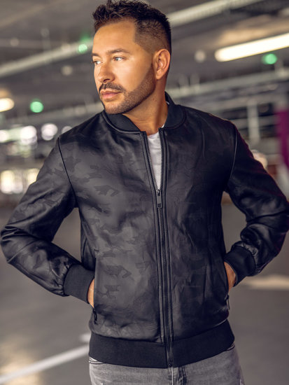 Giacca bomber in pelle da uomo nera Bolf 3A63B