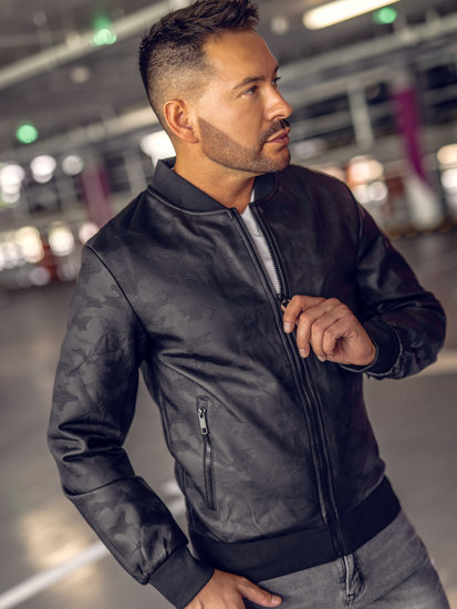 Giacca bomber in pelle da uomo nera Bolf 3A63B