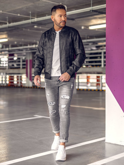 Giacca bomber in pelle da uomo nera Bolf 3A63B