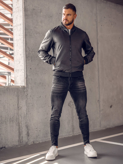 Giacca bomber in pelle da uomo nera Bolf 3A65B