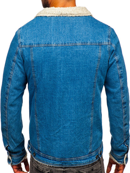 Giacca di jeans trucker isolata con collo di montone da uomo azzurra Bolf 1157