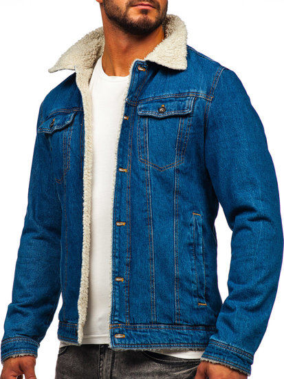 Giacca di jeans trucker isolata con collo di montone da uomo blu Bolf 1156