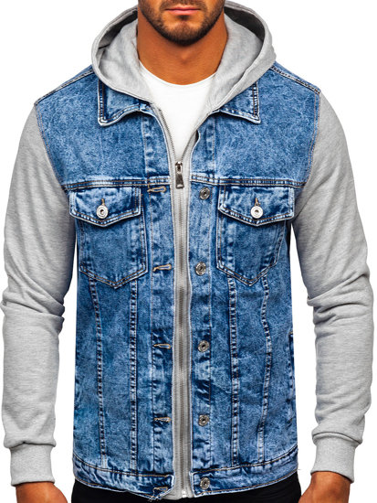 Giacca in denim con cappuccio da uomo azzurro Bolf HY1017