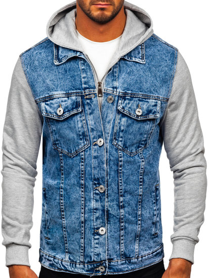 Giacca in denim con cappuccio da uomo azzurro Bolf HY1017