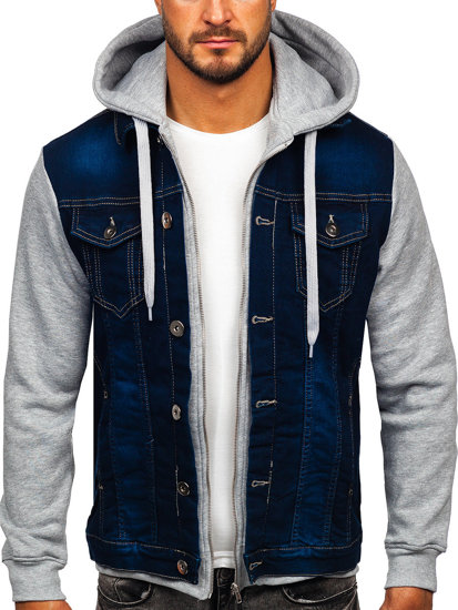 Giacca in jeans con cappuccio da uomo blu Bolf 801