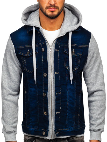 Giacca in jeans con cappuccio da uomo blu Bolf 801