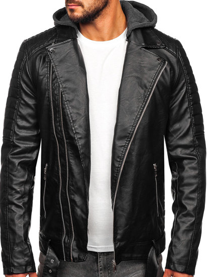 Giacca in pelle biker tipo chiodo con cappuccio da uomo nera Bolf 11Z8005