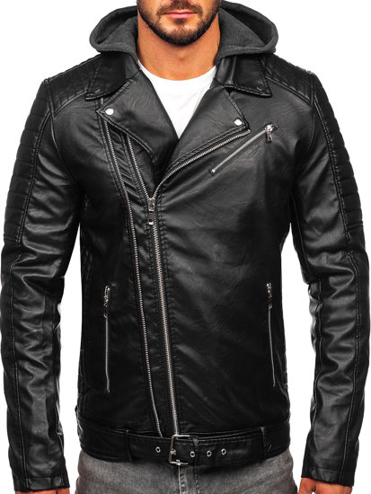 Giacca in pelle biker tipo chiodo con cappuccio da uomo nera Bolf 11Z8005