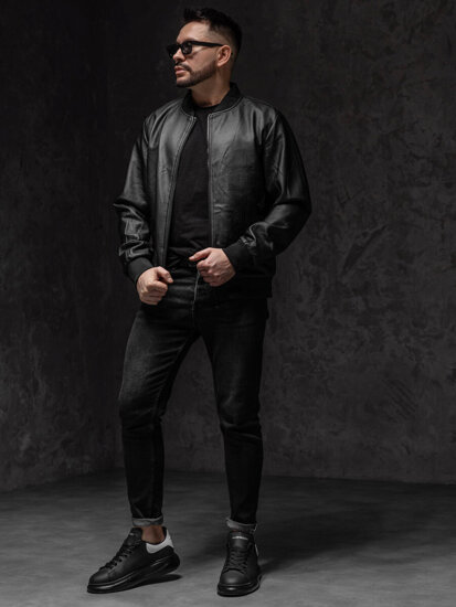 Giacca in pelle bomber da uomo nero Bolf 3A66A1