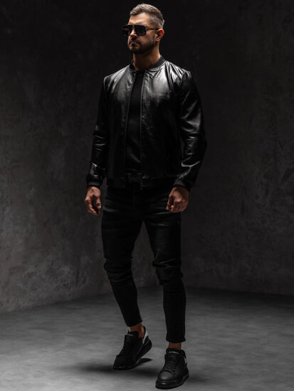 Giacca in pelle bomber da uomo nero Bolf 6803A1