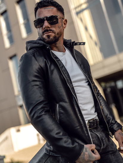 Giacca in pelle con cappuccio da uomo nera biker Bolf 11Z8012