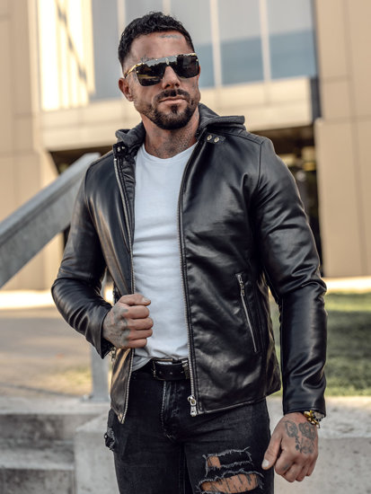 Giacca in pelle con cappuccio da uomo nera biker Bolf 11Z8012