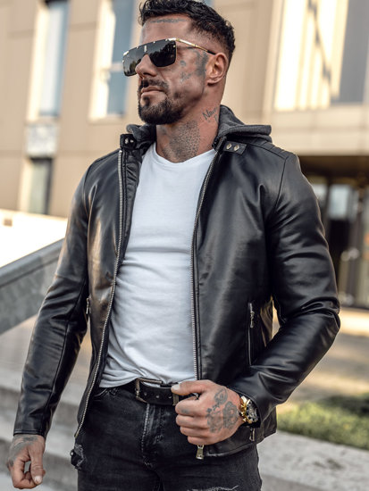 Giacca in pelle con cappuccio da uomo nera biker Bolf 11Z8012