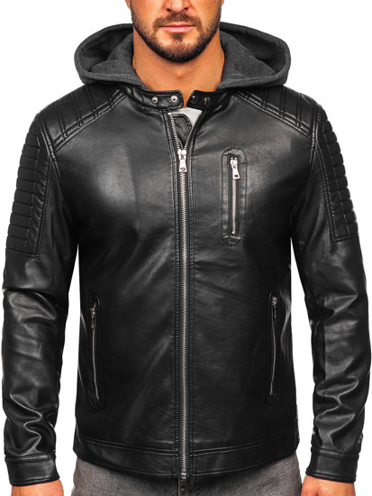 Giacca in pelle da uomo nera z kapturem biker Bolf 11Z8018