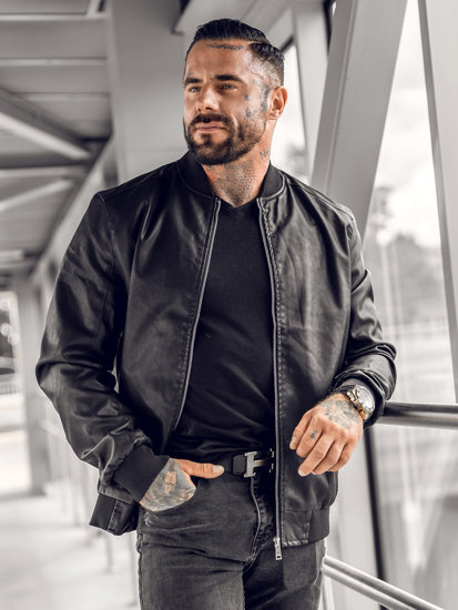 Giacca in pelle tipo bomber da uomo nera Bolf 1147A