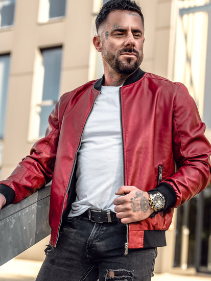 Giacca in pelle tipo bomber da uomo rossa Bolf 1147A