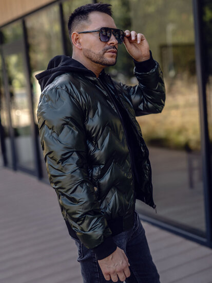 Giacca mezza stagione tipo bomber con cappuccio da uomo verde Bolf 6590