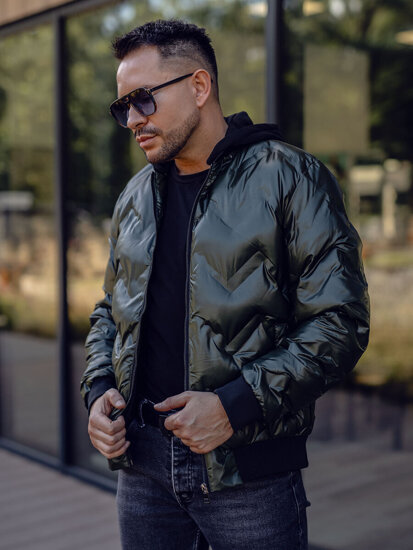 Giacca mezza stagione tipo bomber con cappuccio da uomo verde Bolf 6590