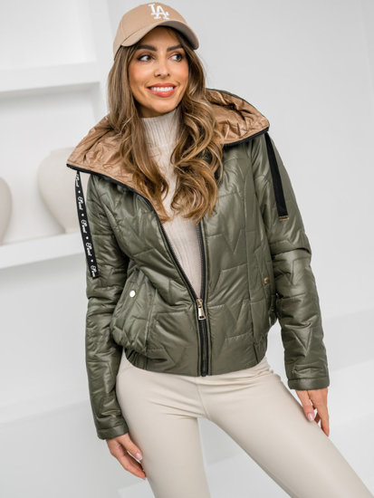 Giacca trapuntata di mezza stagione con cappuccio da donna khaki Bolf B8219